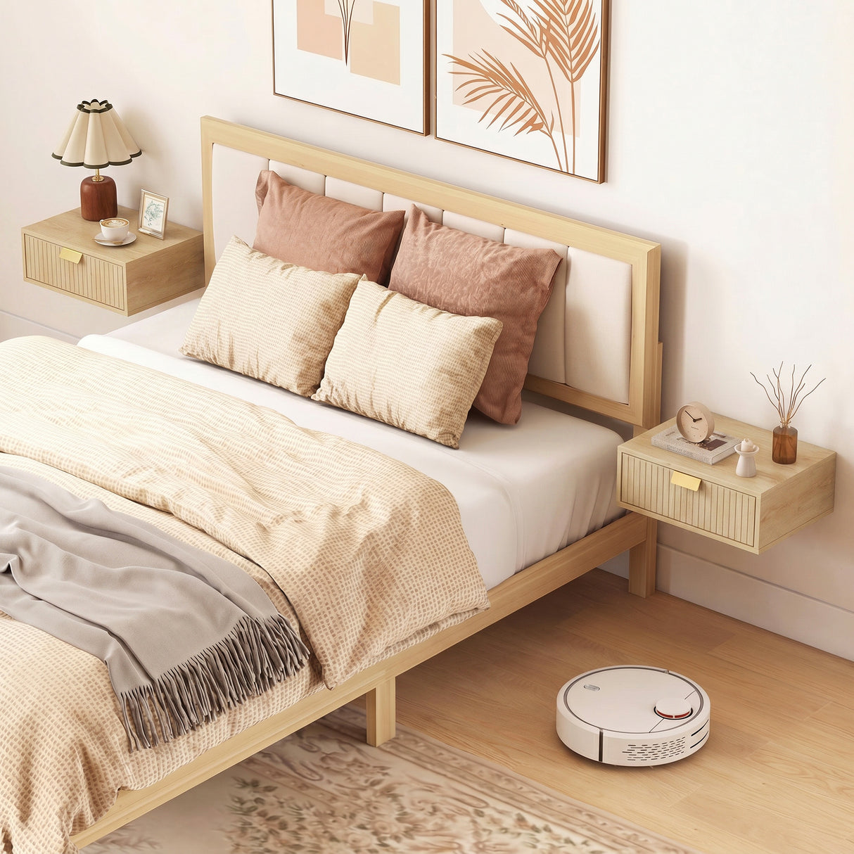 Wooden Bedside Cabinet 40cm Wide Wall Hung With 1 Drawer And Alloy Handle in Set Of 2 - Velmora