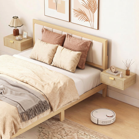 Wooden Bedside Cabinet 40cm Wide Wall Hung With 1 Drawer And Alloy Handle in Set Of 2 - Velmora