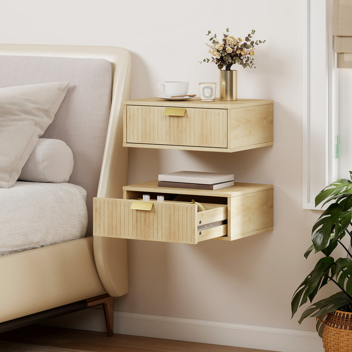 Wooden Bedside Cabinet 40cm Wide Wall Hung With 1 Drawer And Alloy Handle in Set Of 2 - Velmora