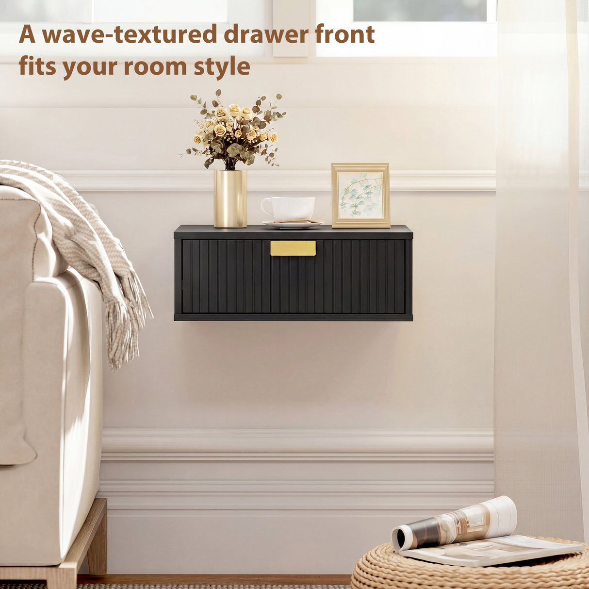 Wooden Bedside Cabinet 40cm Wide Wall Hung With 1 Drawer And Alloy Handle in Set Of 2 - Velmora