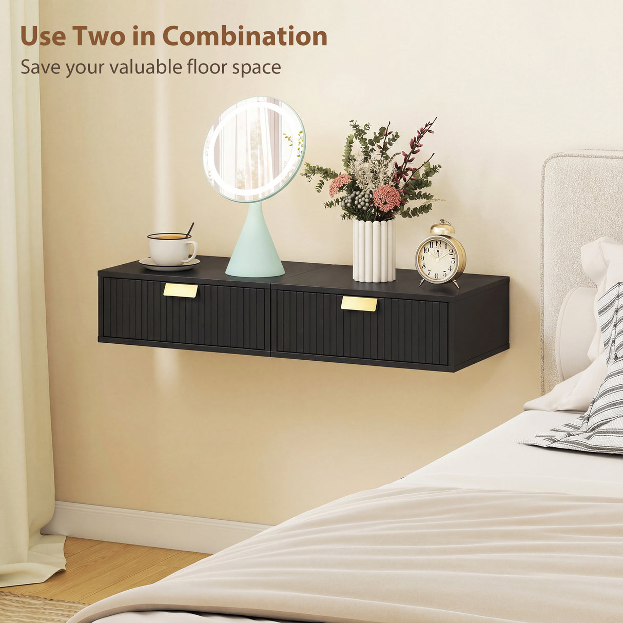 Wooden Bedside Cabinet 40cm Wide Wall Hung With 1 Drawer And Alloy Handle in Set Of 2 - Velmora