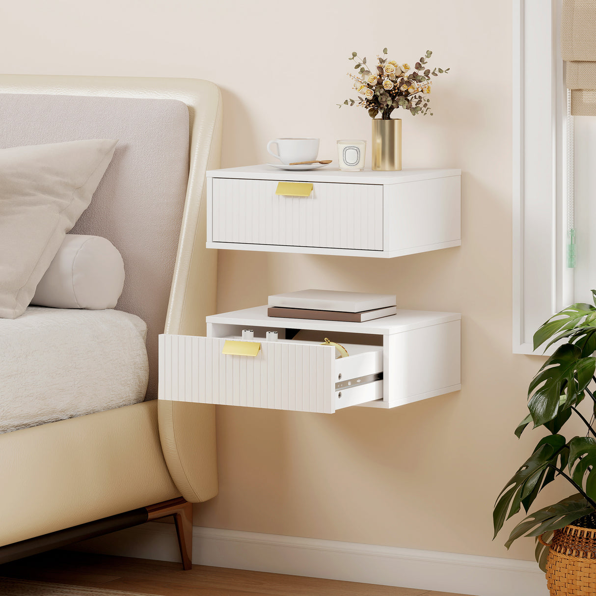 Wooden Bedside Cabinet 40cm Wide Wall Hung With 1 Drawer And Alloy Handle in Set Of 2 - Velmora