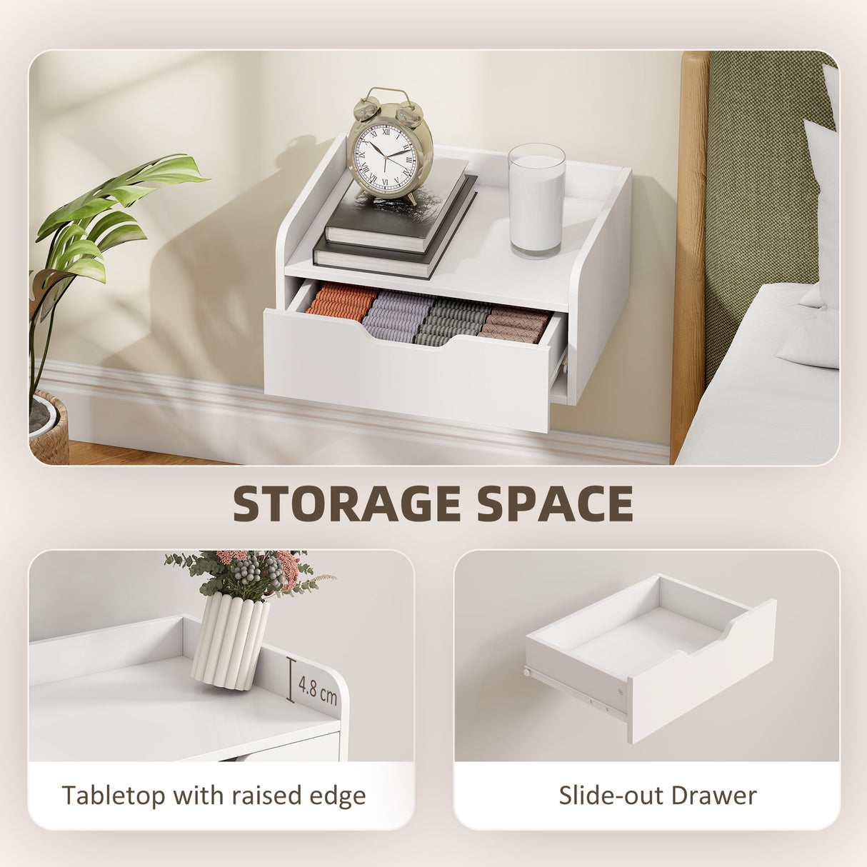 Wooden Bedside Cabinet 40cm Wide Wall Hung With 1 Drawer in Set Of 2 - Velmora