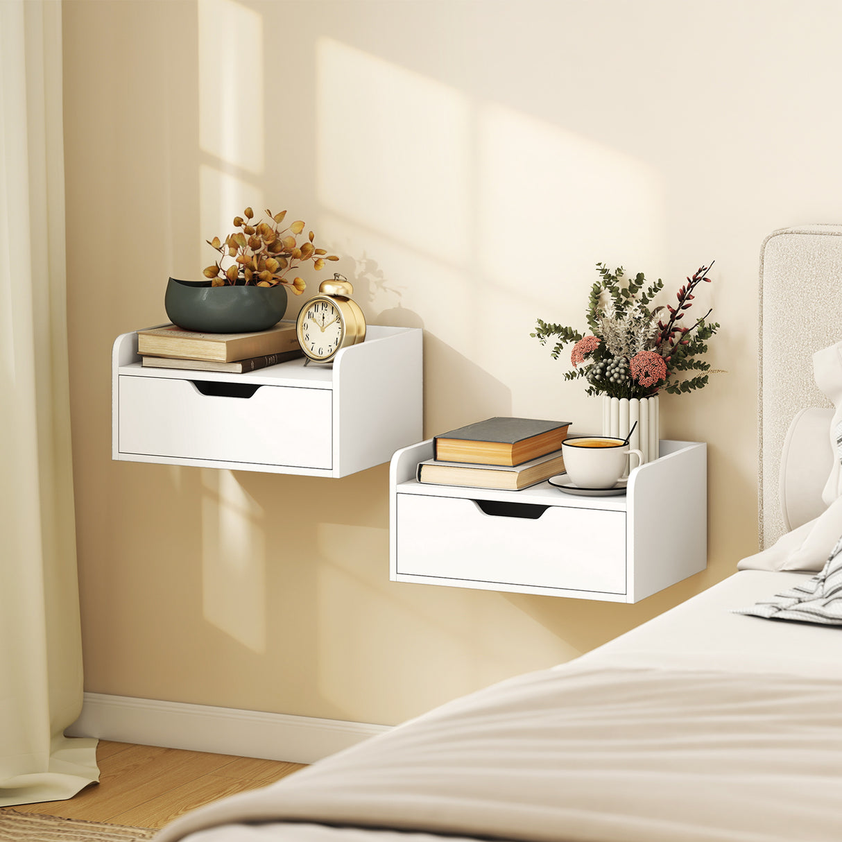 Wooden Bedside Cabinet 40cm Wide Wall Hung With 1 Drawer in Set Of 2 - Velmora