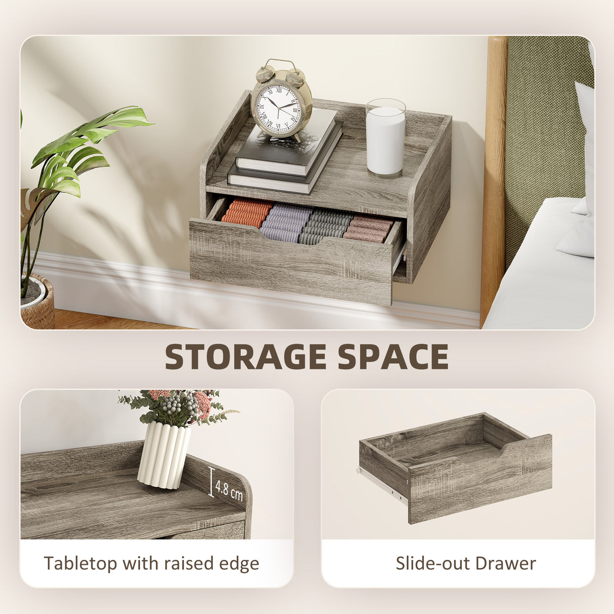 Wooden Bedside Cabinet 40cm Wide Wall Hung With 1 Drawer in Set Of 2 - Velmora