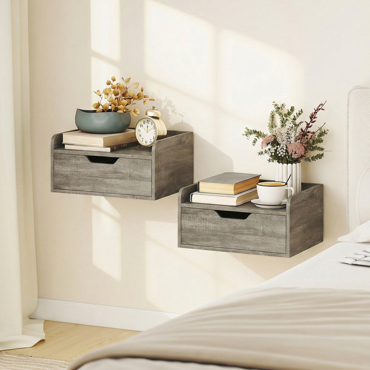 Wooden Bedside Cabinet 40cm Wide Wall Hung With 1 Drawer in Set Of 2 - Velmora