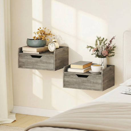Wooden Bedside Cabinet 40cm Wide Wall Hung With 1 Drawer in Set Of 2 - Velmora