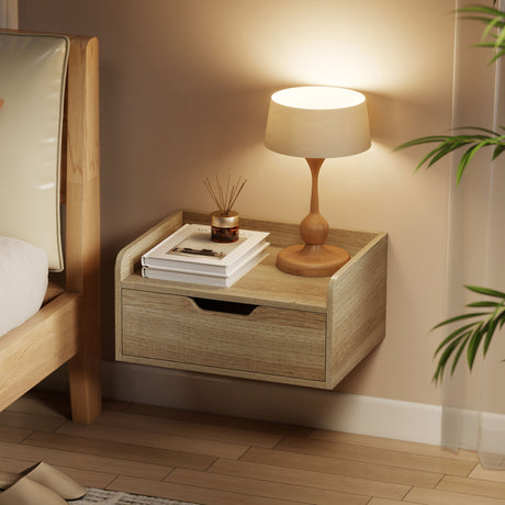 Wooden Bedside Cabinet 40cm Wide Wall Hung With 1 Drawer in Set Of 2 - Velmora