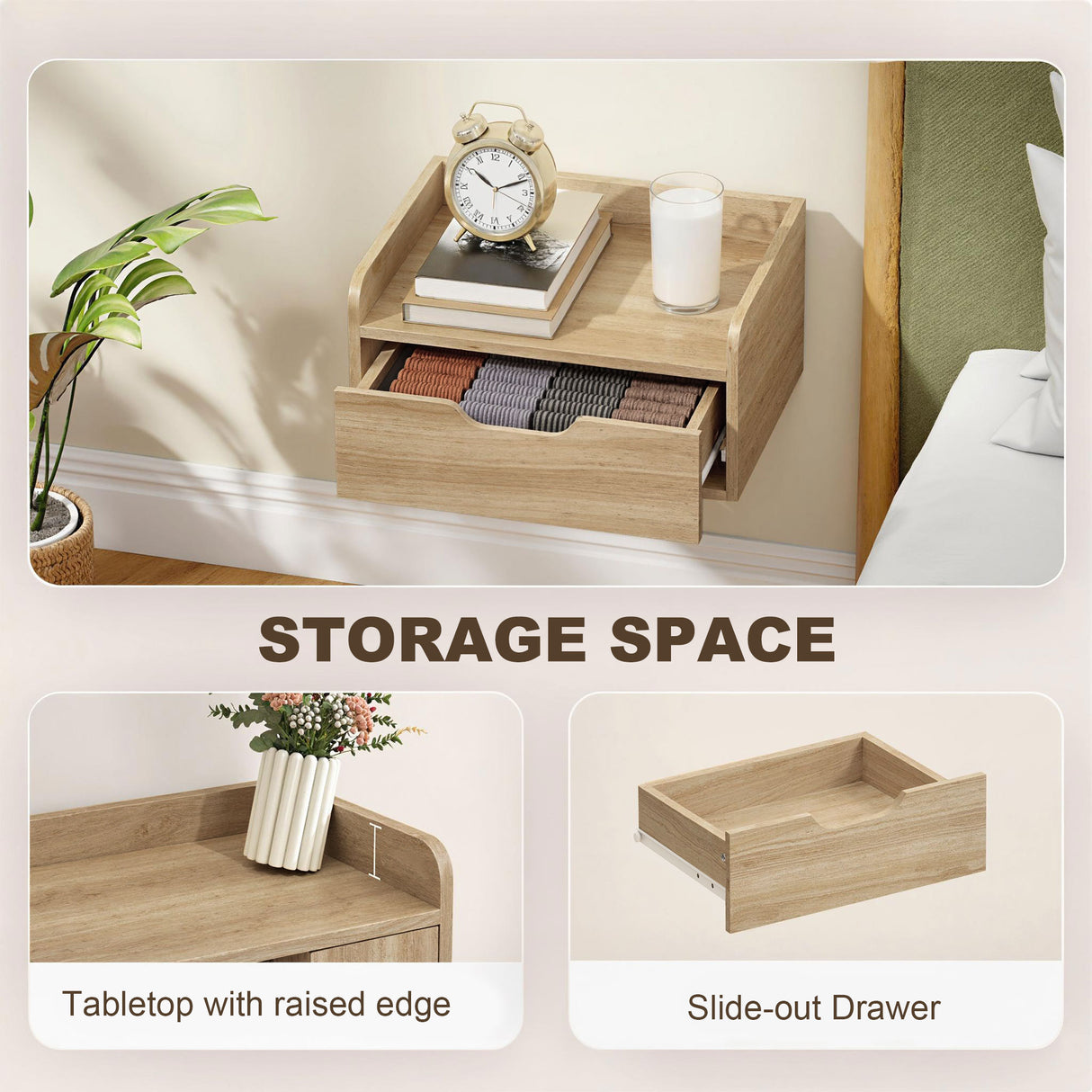 Wooden Bedside Cabinet 40cm Wide Wall Hung With 1 Drawer in Set Of 2 - Velmora