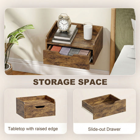 Wooden Bedside Cabinet 40cm Wide Wall Hung With 1 Drawer in Set Of 2 - Velmora