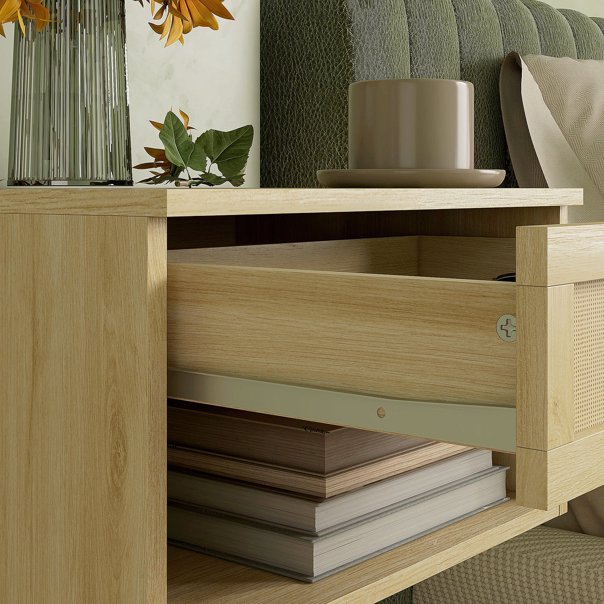 Wooden Bedside Cabinet 40cm Wide Wall Hung With 1 Rattan Drawer in Set Of 2 - Velmora