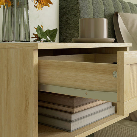 Wooden Bedside Cabinet 40cm Wide Wall Hung With 1 Rattan Drawer in Set Of 2 - Velmora
