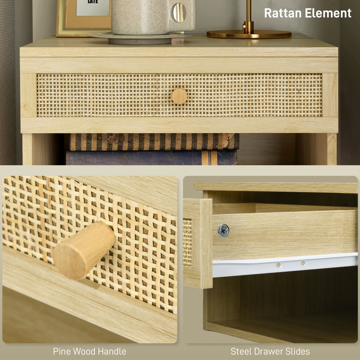 Wooden Bedside Cabinet 40cm Wide Wall Hung With 1 Rattan Drawer in Set Of 2 - Velmora