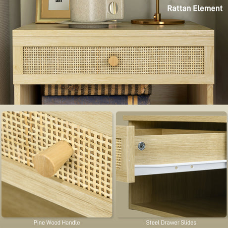 Wooden Bedside Cabinet 40cm Wide Wall Hung With 1 Rattan Drawer in Set Of 2 - Velmora