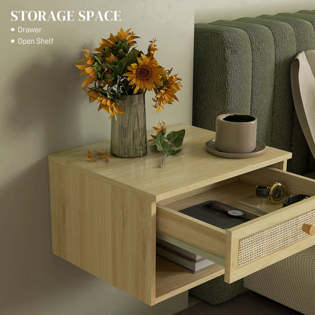 Wooden Bedside Cabinet 40cm Wide Wall Hung With 1 Rattan Drawer in Set Of 2 - Velmora