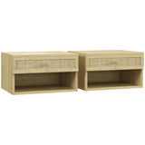 Wooden Bedside Cabinet 40cm Wide Wall Hung With 1 Rattan Drawer in Set Of 2 - Velmora