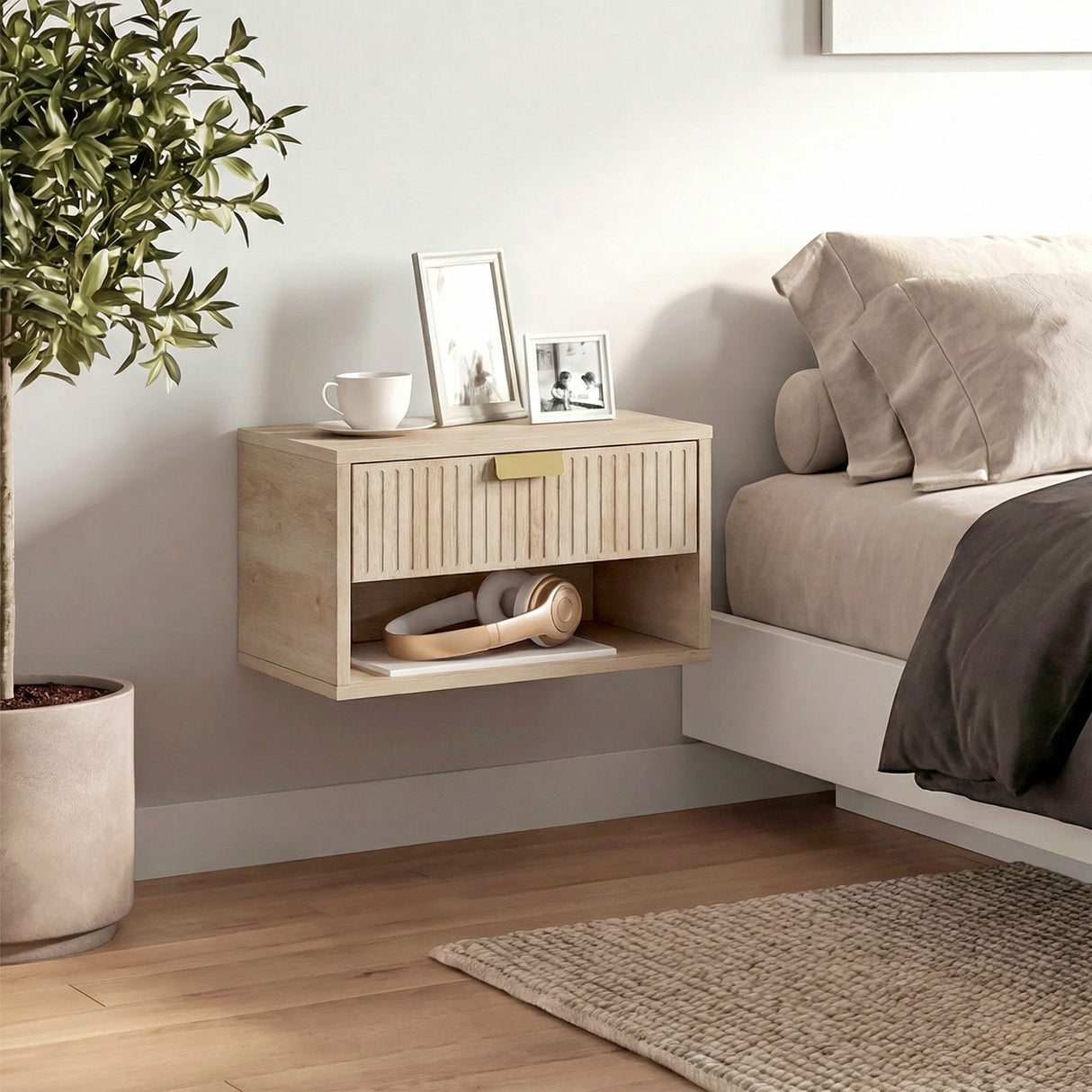 Wooden Bedside Cabinet 40cm Wide Wall Mounted in Set Of 2 - Velmora