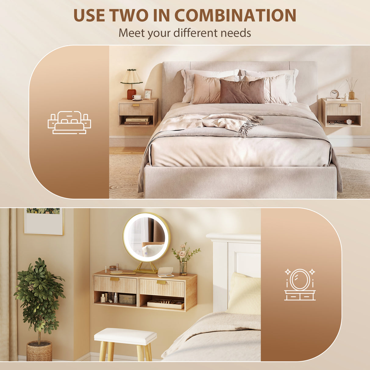 Wooden Bedside Cabinet 40cm Wide Wall Mounted in Set Of 2 - Velmora