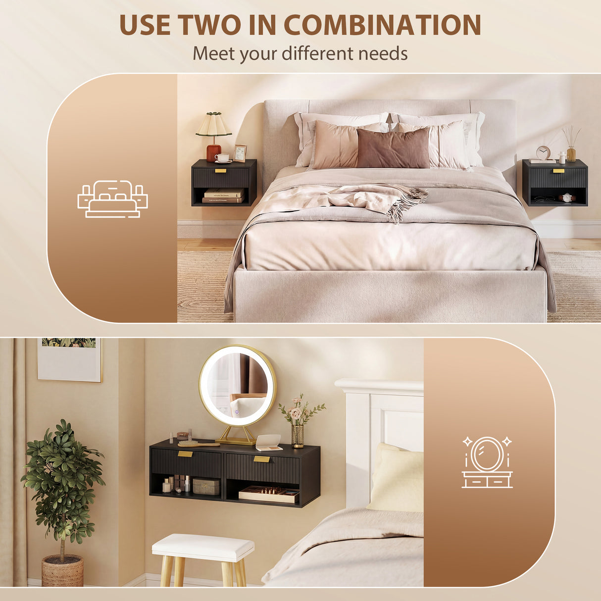 Wooden Bedside Cabinet 40cm Wide Wall Mounted in Set Of 2 - Velmora