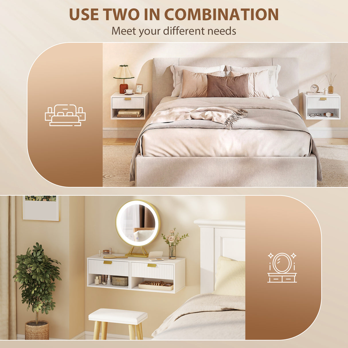 Wooden Bedside Cabinet 40cm Wide Wall Mounted in Set Of 2 - Velmora