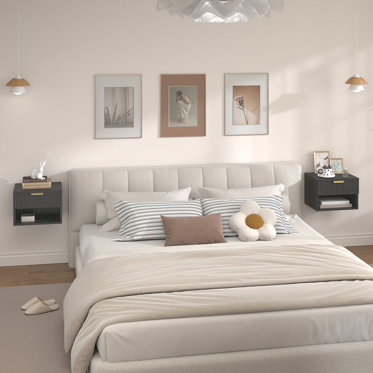 Wooden Bedside Cabinet 40cm Wide Wall Mounted With 1 Drawer And Open Shelf in Set Of 2 - Velmora