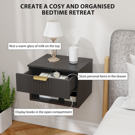 Wooden Bedside Cabinet 40cm Wide Wall Mounted With 1 Drawer And Open Shelf in Set Of 2 - Velmora