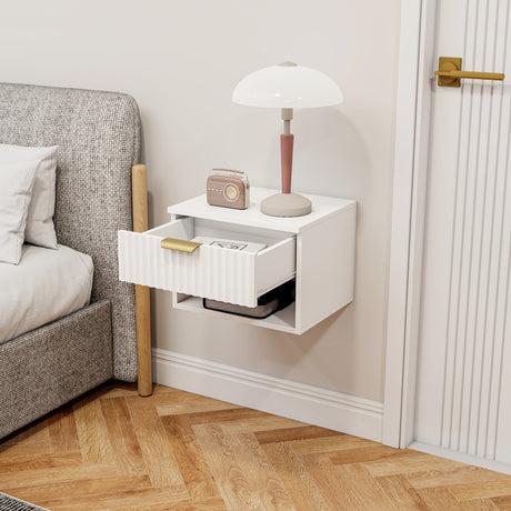 Wooden Bedside Cabinet 40cm Wide Wall Mounted With 1 Drawer And Open Shelf in Set Of 2 - Velmora