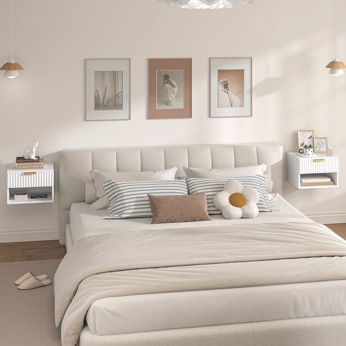 Wooden Bedside Cabinet 40cm Wide Wall Mounted With 1 Drawer And Open Shelf in Set Of 2 - Velmora