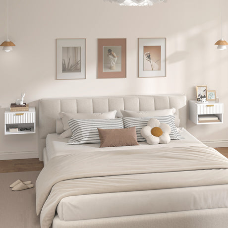 Wooden Bedside Cabinet 40cm Wide Wall Mounted With 1 Drawer And Open Shelf in Set Of 2 - Velmora