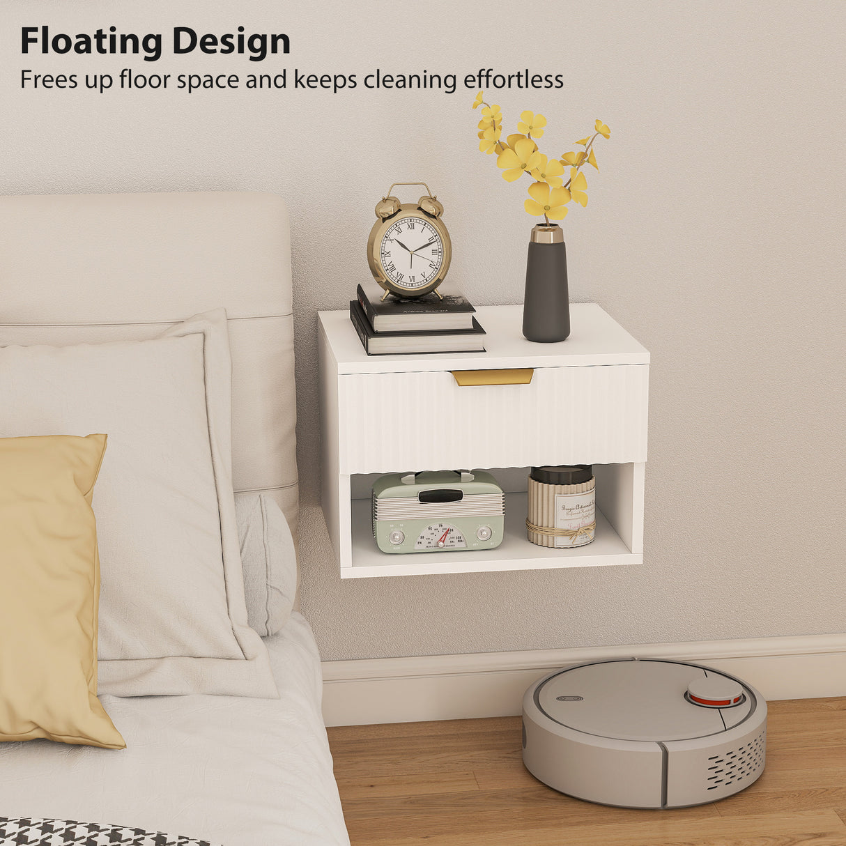 Wooden Bedside Cabinet 40cm Wide Wall Mounted With 1 Drawer And Open Shelf in Set Of 2 - Velmora