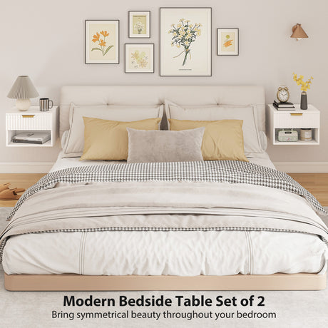 Wooden Bedside Cabinet 40cm Wide Wall Mounted With 1 Drawer And Open Shelf in Set Of 2 - Velmora