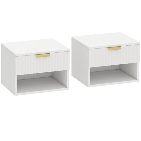 Wooden Bedside Cabinet 40cm Wide Wall Mounted With 1 Drawer And Open Shelf in Set Of 2 - Velmora
