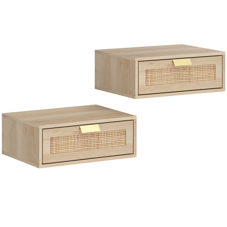 Wooden Bedside Cabinet 40cm Wide Wall Mounted With 1 Rattan Drawer in Set Of 2 - Velmora