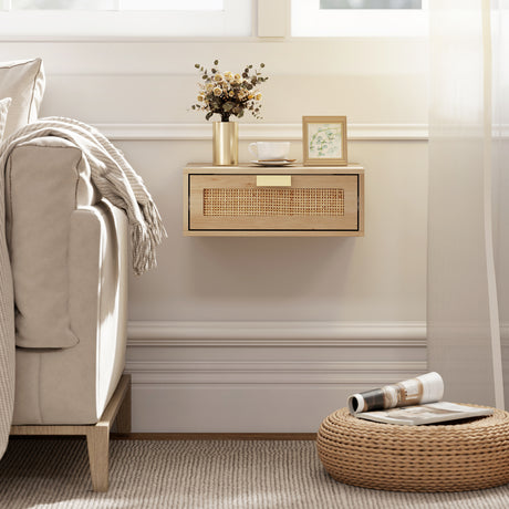 Wooden Bedside Cabinet 40cm Wide Wall Mounted With 1 Rattan Drawer in Set Of 2 - Velmora