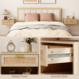 Wooden Bedside Cabinet 40cm Wide Wall Mounted With 1 Rattan Drawer in Set Of 2 - Velmora