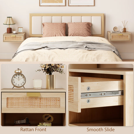 Wooden Bedside Cabinet 40cm Wide Wall Mounted With 1 Rattan Drawer in Set Of 2 - Velmora