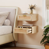 Wooden Bedside Cabinet 40cm Wide Wall Mounted With 1 Rattan Drawer in Set Of 2 - Velmora