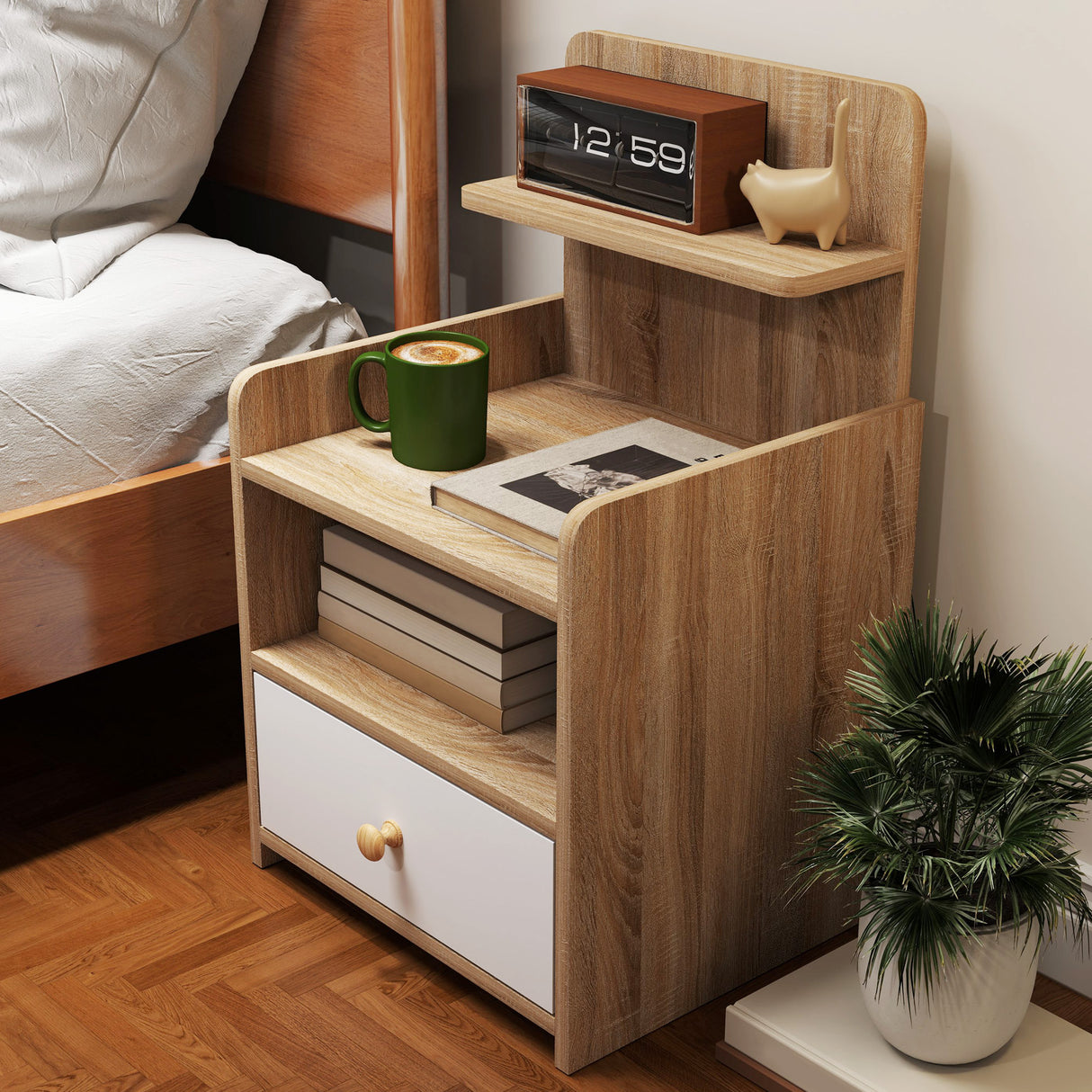 Wooden Bedside Cabinet 40cm Wide With 1 Drawer And 3 Shelves - Velmora