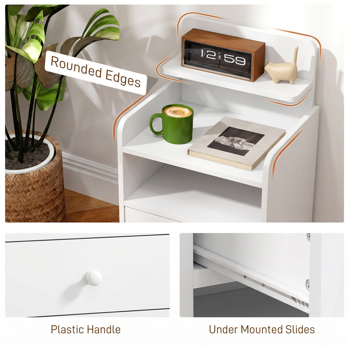 Wooden Bedside Cabinet 40cm Wide With 1 Drawer And 3 Shelves - Velmora