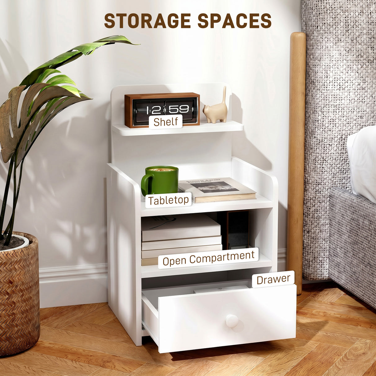 Wooden Bedside Cabinet 40cm Wide With 1 Drawer And 3 Shelves - Velmora