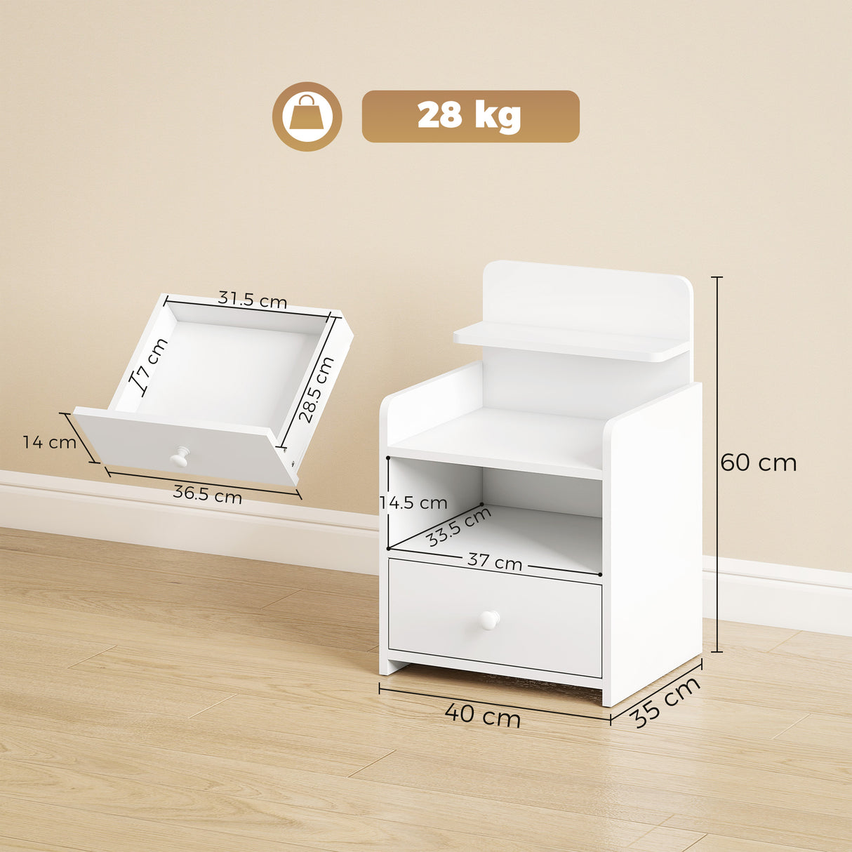 Wooden Bedside Cabinet 40cm Wide With 1 Drawer And 3 Shelves - Velmora