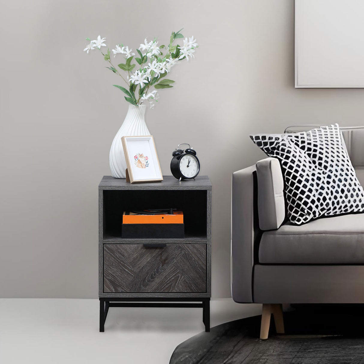 Wooden Bedside Cabinet 40cm Wide With 1 Drawer And Steel Frame - Velmora