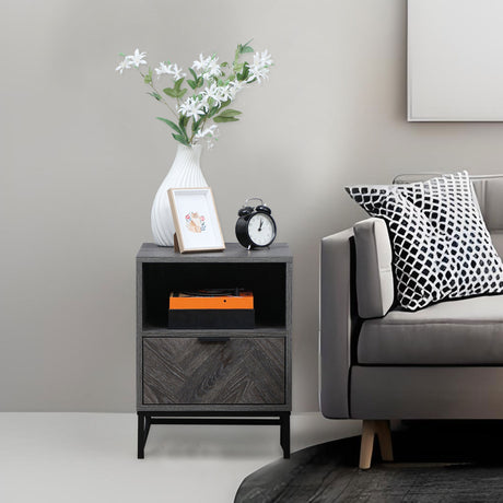Wooden Bedside Cabinet 40cm Wide With 1 Drawer And Steel Frame - Velmora