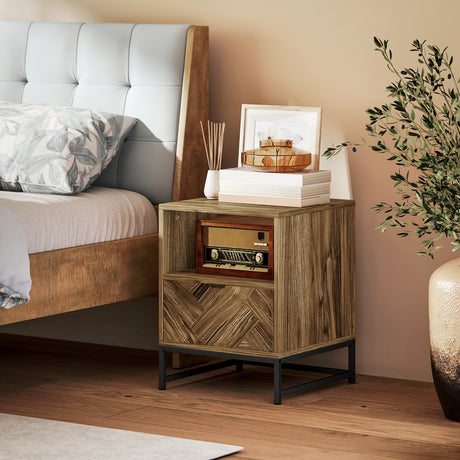 Wooden Bedside Cabinet 40cm Wide With 1 Drawer And Steel Frame - Velmora