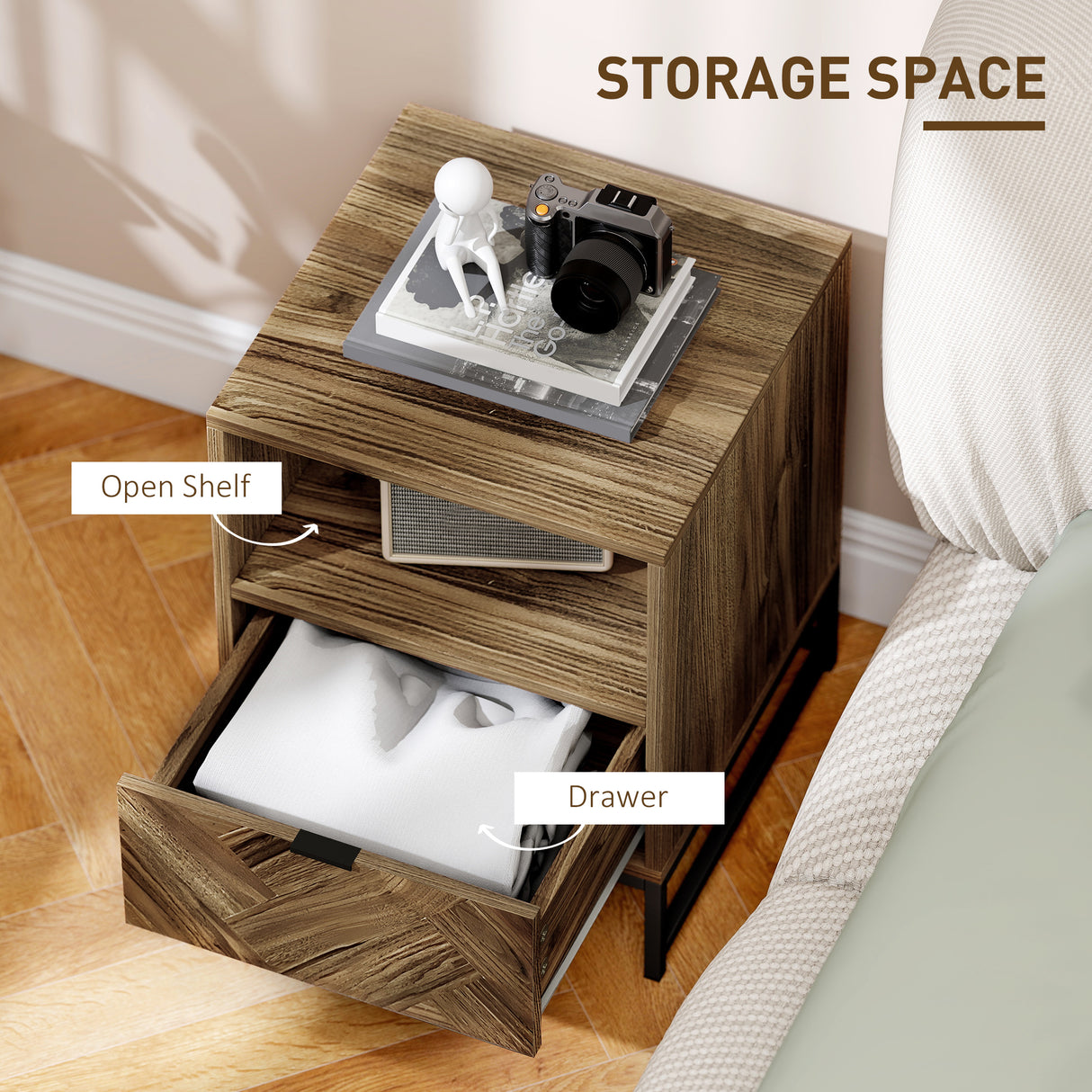 Wooden Bedside Cabinet 40cm Wide With 1 Drawer And Steel Frame - Velmora