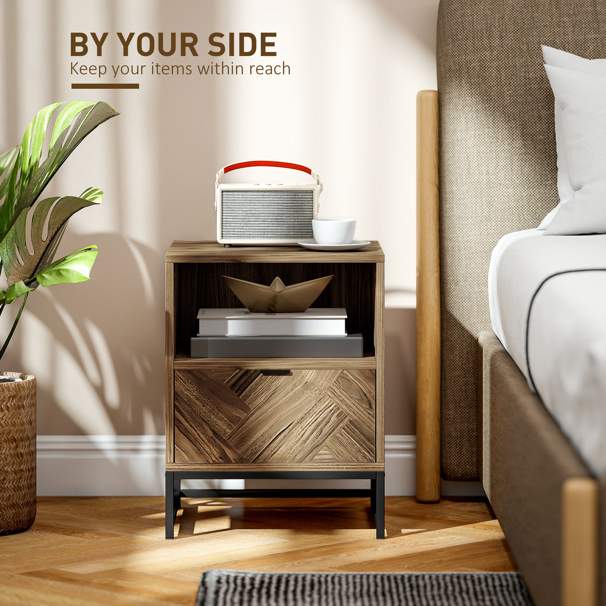 Wooden Bedside Cabinet 40cm Wide With 1 Drawer And Steel Frame - Velmora