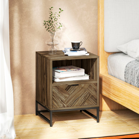 Wooden Bedside Cabinet 40cm Wide With 1 Drawer And Steel Frame - Velmora