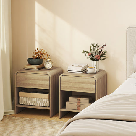 Wooden Bedside Cabinet 40cm Wide Rounded Corners With 1 Drawer in Set Of 2 - Velmora