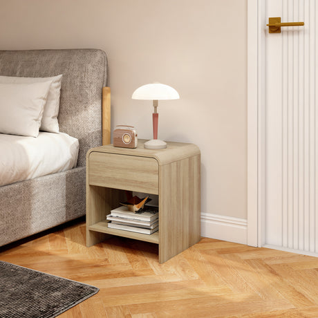 Wooden Bedside Cabinet 40cm Wide Rounded Corners With 1 Drawer in Set Of 2 - Velmora