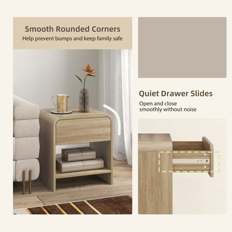 Wooden Bedside Cabinet 40cm Wide Rounded Corners With 1 Drawer in Set Of 2 - Velmora